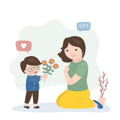 Little boy gives flowers to his mother for her birthday. Mom holiday. Son congratulates his mother. Touching moment. Cute baby with flowers. Mothers Day. Caucasian characters.
