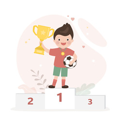 Obraz na płótnie Canvas Happy caucasian schoolboy standing on podium. Boy holds winner cup and ball. Football player after competition. First place, reward for winner in championship, best player of match.
