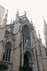 Fototapeta na wymiar low angle view of ancient St Patricks Cathedral near trees in New York City.