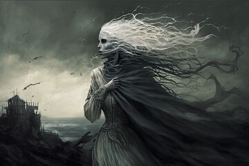 A banshee with ghostly white hair, wailing in the wind. Digital art painting, Fantasy art, Wallpaper - obrazy, fototapety, plakaty