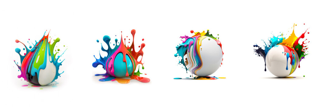 Four different AI generated balls covered partially with paint splash on white background.