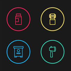 Set line Hive for bees, Wooden axe, Can container milk and Paper package icon. Vector