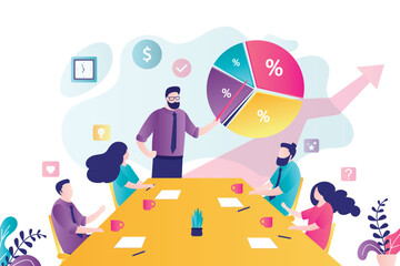 Focus group concept. Marketing research of target audience scene template. Company colleagues meeting for discussion, brainstorming. Businesspeople characters, business activities.