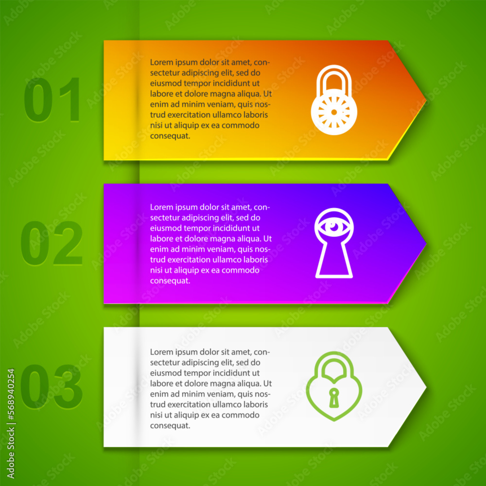 Poster Set line Safe combination lock wheel, Keyhole with eye, Castle the shape of heart and Padlock clock. Business infographic template. Vector