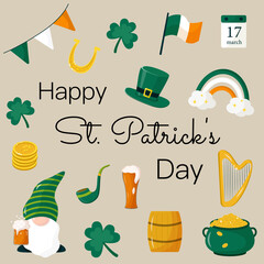 Bundle for Saint Patricks day. Set of holiday elements. Vector collection of isolated traditional Irish items - beer, shamrock, hat, flag etc
