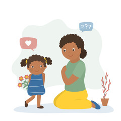 Little girl gives flowers to his mother for birthday. Mom holiday. Daughter congratulates his mother. Touching moment. Cute baby with flowers. Mothers Day. African american characters