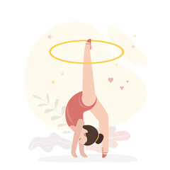 Little girl gymnast in sportswear with sports hoop. Rhythmic gymnastics classes, caucasian little child with sports equipment. Sports section, lesson. Sportswoman performs difficult exercise.