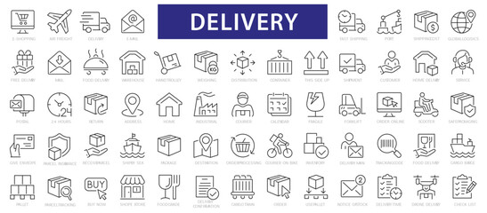 Fototapeta na wymiar Delivery line icons set. 60 icon delivery, shipping, logistics symbols. Outline icons collection.