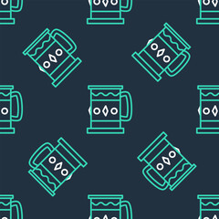Line Wooden mug icon isolated seamless pattern on black background. Vector