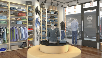 3d rendering - interior of fashion store with clothes, shoes and bags.
