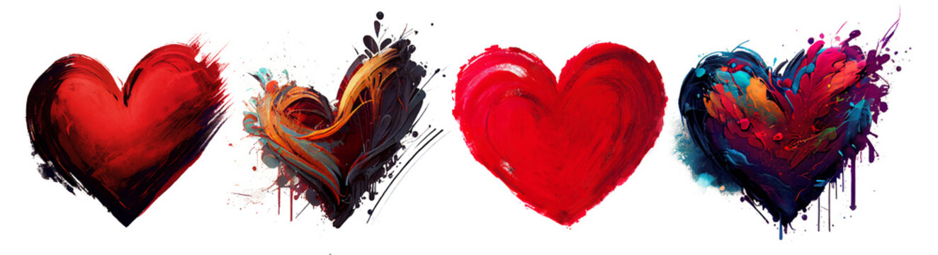 Collection of hand-drawn painted red heart, element for design. Beautiful Grunge heart on PNG free Background. Valentine's day. Beautiful, cool Splash Love illustration.