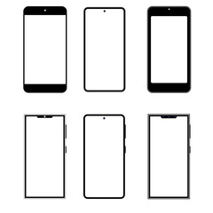 Set of phones.Model smartphone.Mobile phone with shadow on transparent background.Vector. Transparent screen isolated