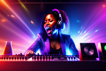 Generative AI abstract painting of beautiful African DJ woman in headphones. Nightclub, party, music, clubbing concept