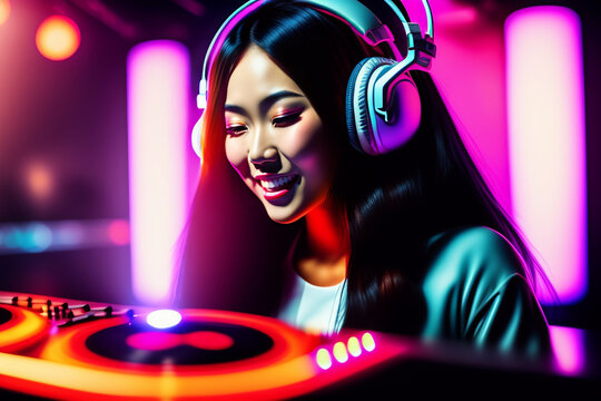 Generative AI abstract painting of beautiful Asian DJ woman in headphones. Nightclub, party, music concept