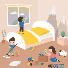 Cute kids are cleaning apartment. Children help parents with housework. Interior of kids room. Funny boys and girl put toys in box, washes window and floor. Family teamwork.