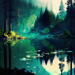 Fototapeta na wymiar Forest Lake in Abstract Style and Watercolors - Forest in Watercolors Series - Forest Lake Abstract Style Watercolors background wallpaper created with Generative AI technology