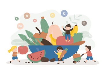 Group of happy healthy kids, proper nutrition. Big plate with vegetables and fruit mix. Food containing many useful vitamins, nutrition for growing organism. Green fresh, organic nutrition