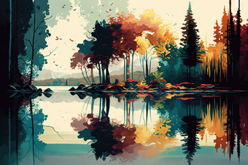 Forest Lake in Abstract Style and Watercolors - Forest in Watercolors Series - Forest Lake Abstract Style Watercolors background wallpaper created with Generative AI technology
