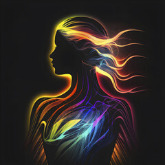 Glowing female silhouette, colorful light on black background. Illustration created with generative ai tools.