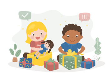 Fototapeta na wymiar Multiethnic children unpack gifts. Boxing day, gifts for kids for Christmas and New Year. Joint birthday celebration. Caucasian girl holds doll, african american boy opens gift box.