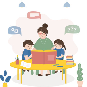 Teacher reads book to students. Kindergarten teacher studying textbook with small kids. Educational process, people sit at table and read. Family, mother spends time with children.