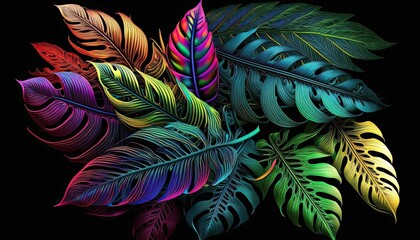 Rainbow color huge tropical leaves. AI generative