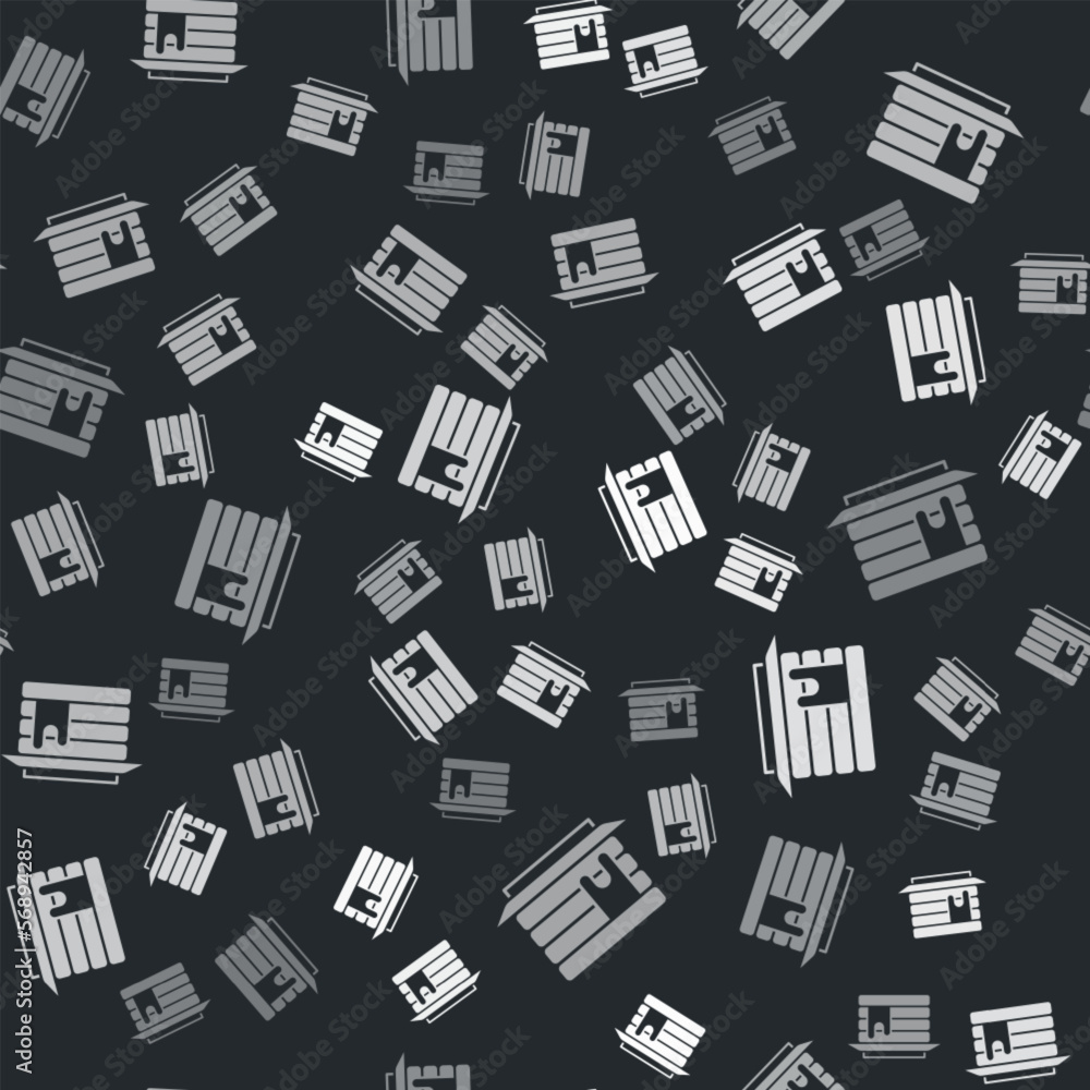 Poster grey stack of pancakes with honey icon isolated seamless pattern on black background. breakfast conc