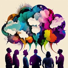 Group of people discussing with colorful speech bubbles