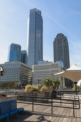 modern skyscrapers near embankment walkway in New York City.