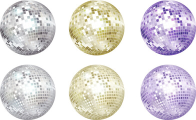 Disco balls collection. Silver, gold and purple colors.