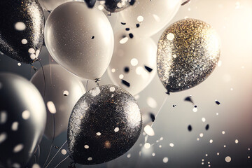 Fototapeta na wymiar Holidays background with silver balloons, confetti, sparkles, lights. Anniversary. Banner for birthday, party, Christmas, New Year, promotion social media cover. Generative Ai.