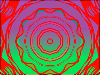 Abstract, Circular Wavy Lines, Brilliant Red, set against, Green and Pink, within a border