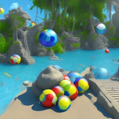 3d scene design for summer product display. Concrete stair podium with swimming ring and beach ball beside water. Concept of island beach or swimming pool. - generative ai