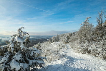 view from great Horselberg mountain with castle Wartburg at the horizon in winter