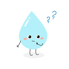 Cute confused cartoon waterdrop with question marks