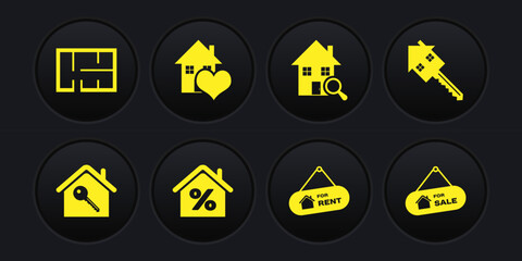 Set House with key, percant, Hanging sign For Rent, Search house, heart shape, Sale and plan icon. Vector