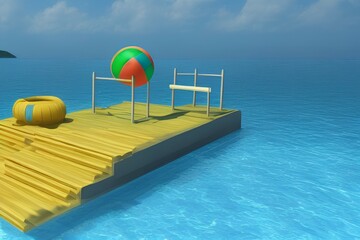 Obraz premium 3d scene design for summer product display. Concrete stair podium with swimming ring and beach ball beside water. Concept of island beach or swimming pool. - generative ai