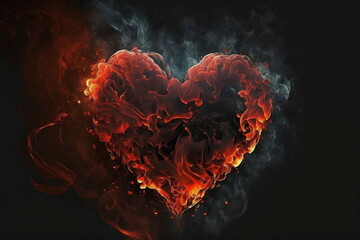 Red smoke and fire on a black background, in the shape of a glowing heart. Room for words. Created by digital art. Room for words