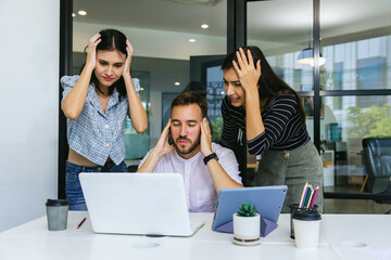 Diverse colleagues gather in brainstorm discuss statistics together. Group of people colleagues gather doing Brainstorming business plan together. Team Brainstorm Working Concept.
