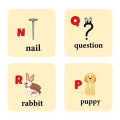 Cards with letters and words. Associations for learning the English language. Rabbit, nail, question, puppy. Manual. Education. Tutorial. Teacher. Vector stock illustration.