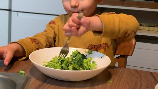 Ni&ntilde;o sentando comiendo br&oacute;coli  