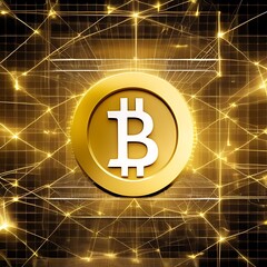 gold bitcoin connected to the web of blockchain and the internet