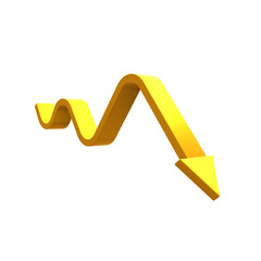 Yellow wavy arrow pointing down. Isolated on a transparent background. 3d render