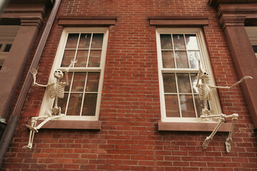low angle view of spooky skeletons on window of brick house in New York City.