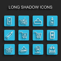 Set line Shopping basket, Hanging sign with Close, Mobile and shopping cart, Location, bag Sale, Remove, and Refresh icon. Vector