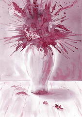 Bouquet of abstract wildflowers in a vase with blots and splashes. Hand drawn art painting with red dry wine on paper texture. Bitmap image