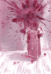 Bouquet of abstract wildflowers in a vase with blots and splashes. Hand drawn art painting with red dry wine on paper texture. Bitmap image