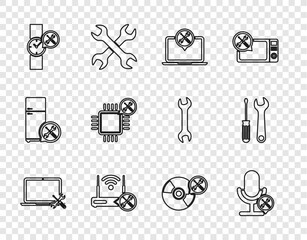 Set line Laptop service, Microphone, Router wi-fi with, Wrist watch, Processor, CD DVD disk and Screwdriver and wrench icon. Vector