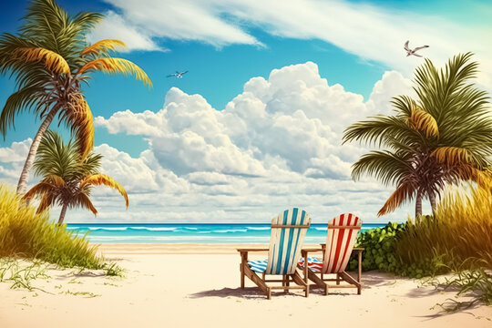 Beautiful tropical beach. Tropical beach background as summer landscape with lounge chairs and palm trees. generative AI

