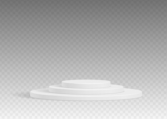 White realistic 3d cylinder pedestal podium with transparent backdrop. Abstract vector geometric platform for product display presentation. Minimal scene.